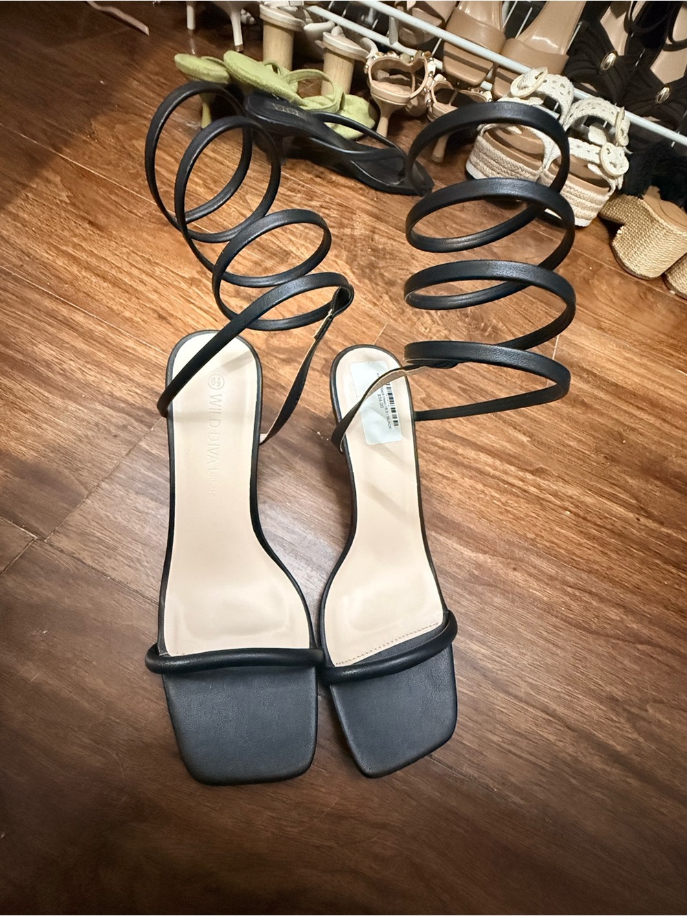 Spiral Wrap Black Heeled Sandals